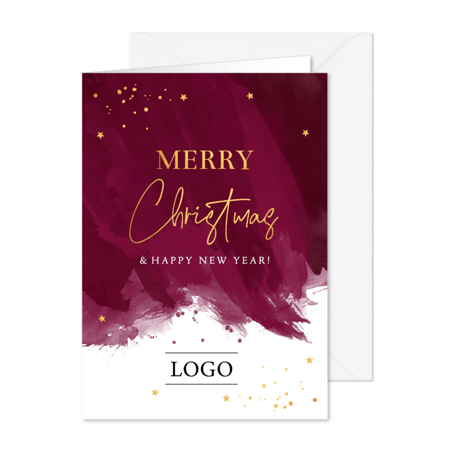 Zakelijke kerstkaart rood watercolour stroken goudlook logo - Kaartimpressie