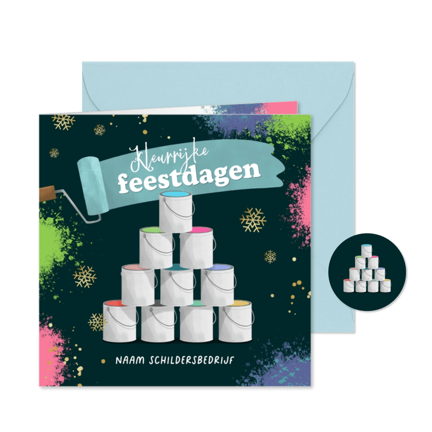 Zakelijke kerstkaart schildersbedrijf verfpotten kerstboom - Kaartimpressie