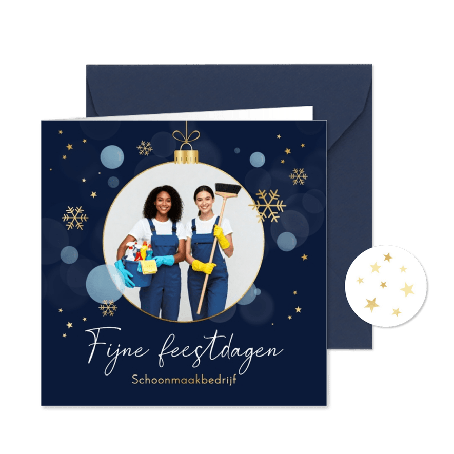 zakelijke kerstkaart schoonmaak kerstbal sneeuw belletjes - Kaartimpressie