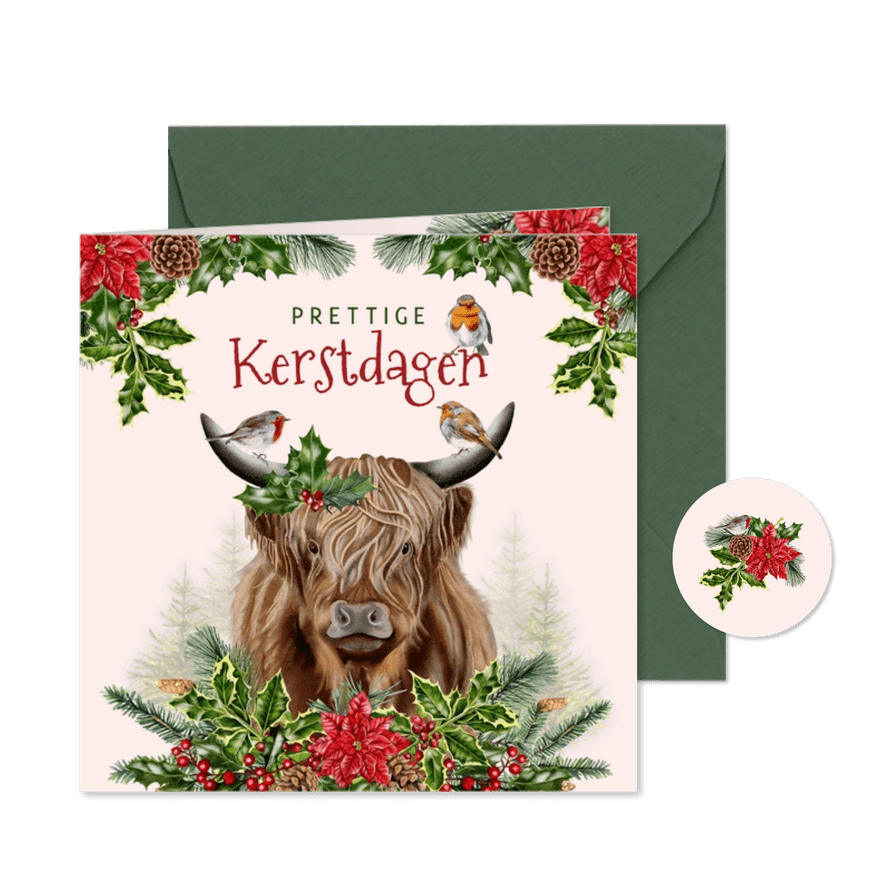 Zakelijke kerstkaart schotse hooglander roodborstjes - Kaartimpressie