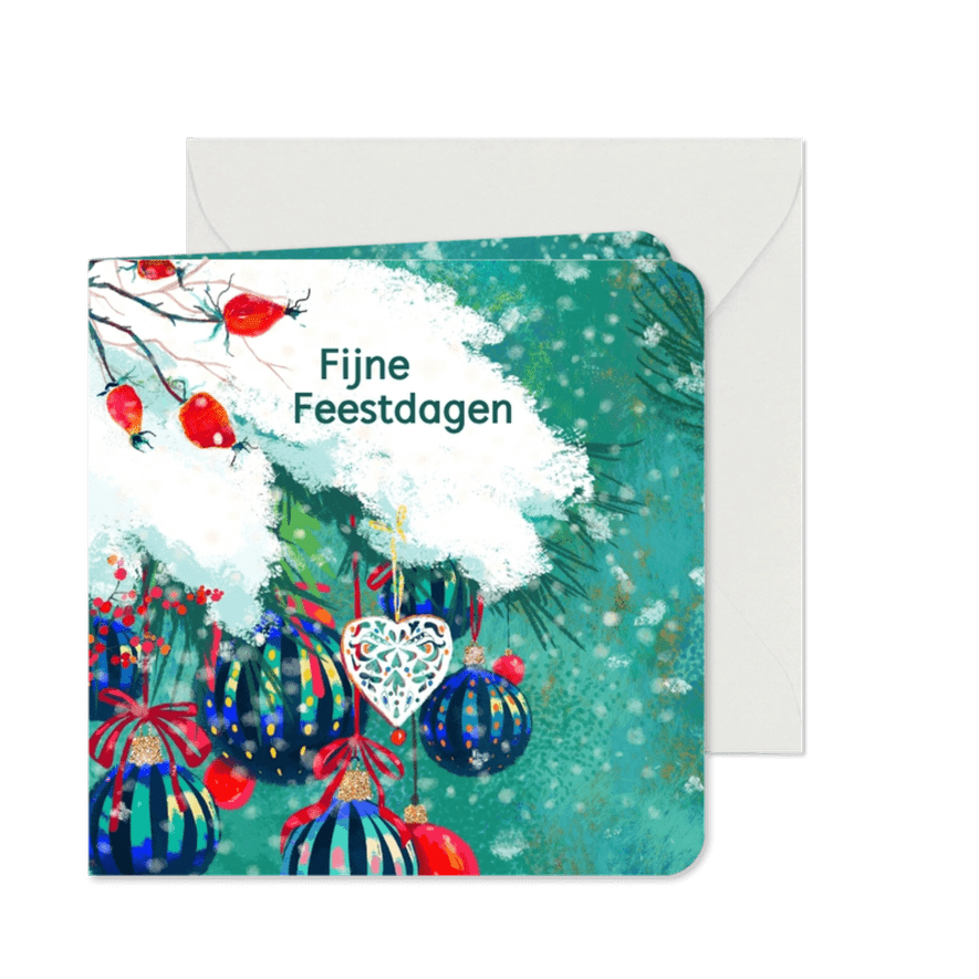 Zakelijke kerstkaart sneeuw op dennenboom en kerstballen - Kaartimpressie