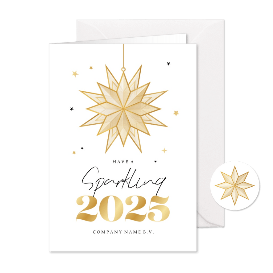 Zakelijke kerstkaart sparkling 2025 sterren goud stijlvol - Kaartimpressie