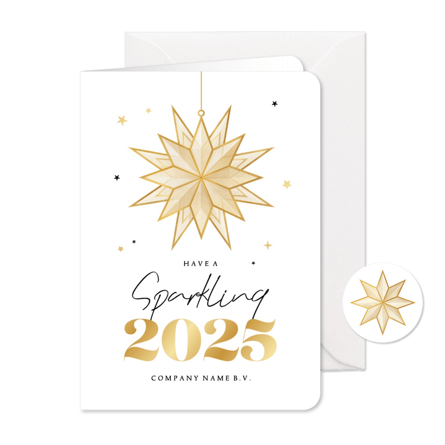 Zakelijke kerstkaart sparkling 2025 sterren goud stijlvol - Kaartimpressie