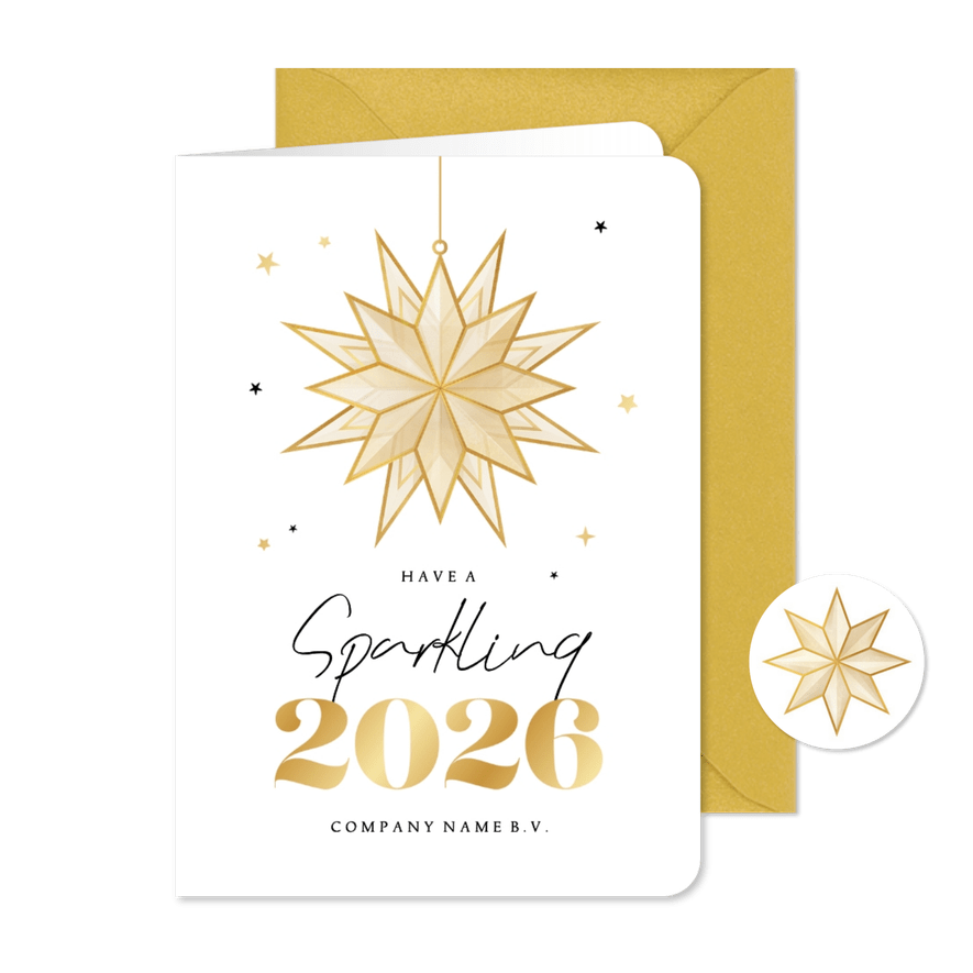 Zakelijke kerstkaart sparkling 2026 sterren goud stijlvol - Kaartimpressie