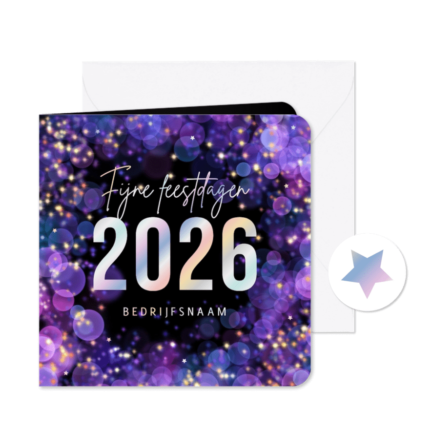 Zakelijke kerstkaart sprankelend paars 2026 lichtjes - Kaartimpressie