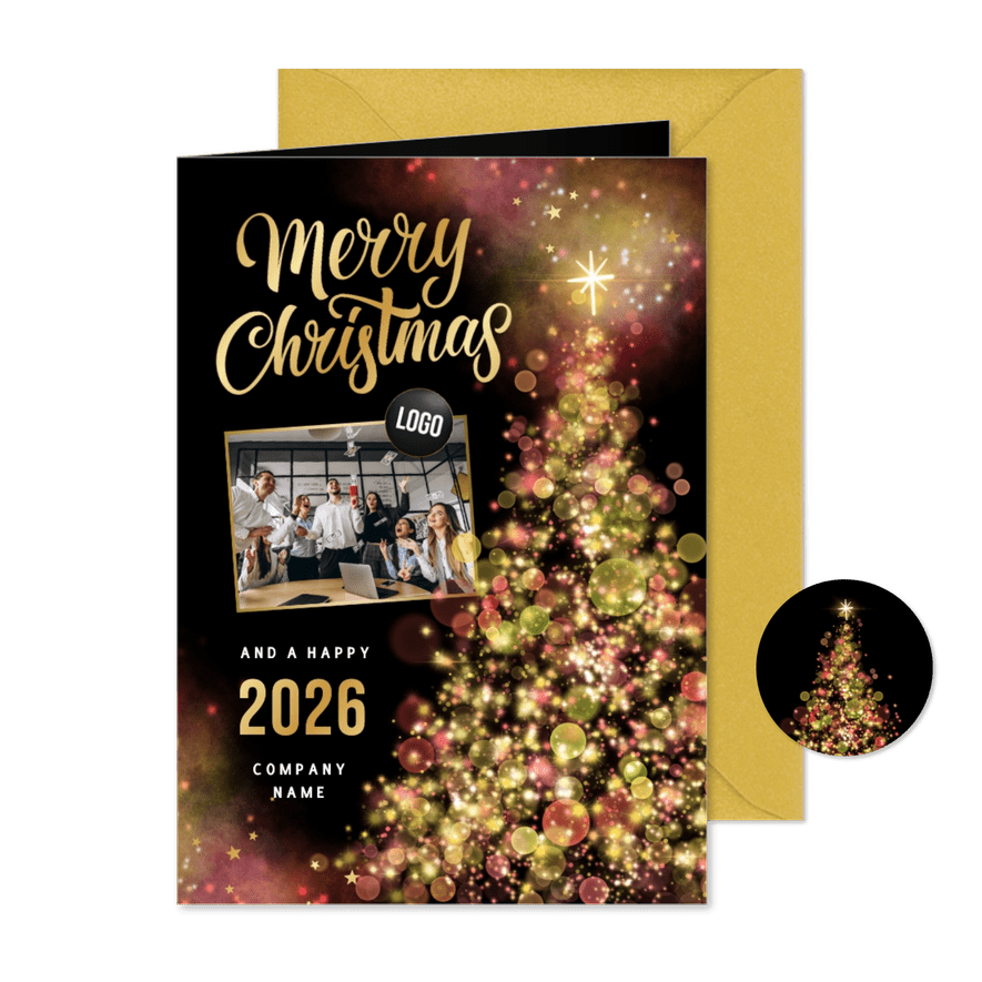 Zakelijke kerstkaart sprankelende kerstboom lichtjes 2026 - Kaartimpressie
