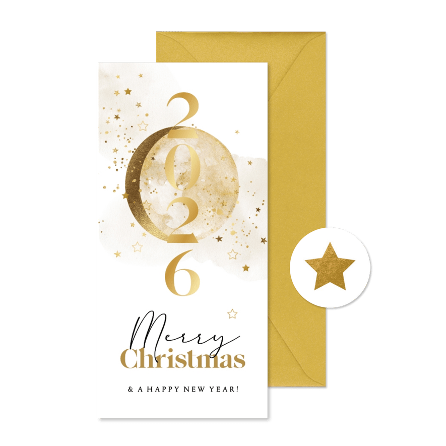 Zakelijke kerstkaart sterren maan goudfolie jaartal - Kaartimpressie