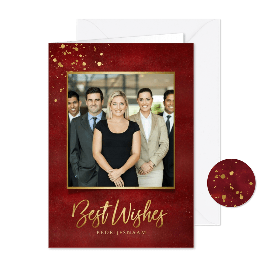 Zakelijke kerstkaart stijlvol best wishes rood met foto - Kaartimpressie