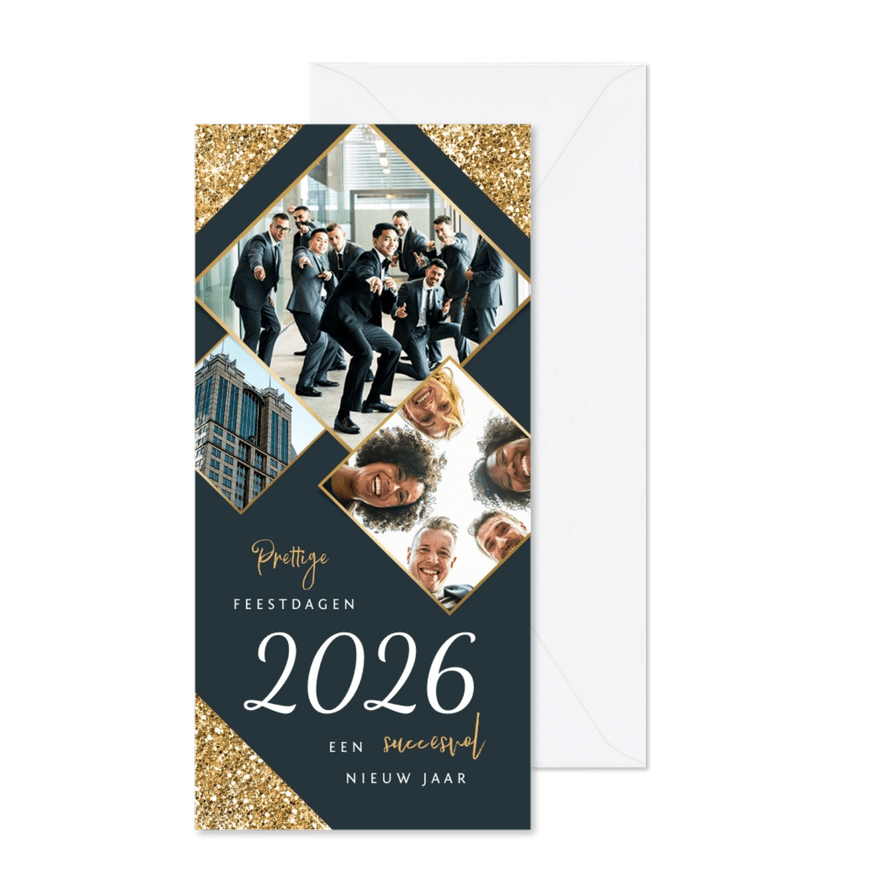 Zakelijke kerstkaart stijlvol goud glitter fotocollage - Kaartimpressie