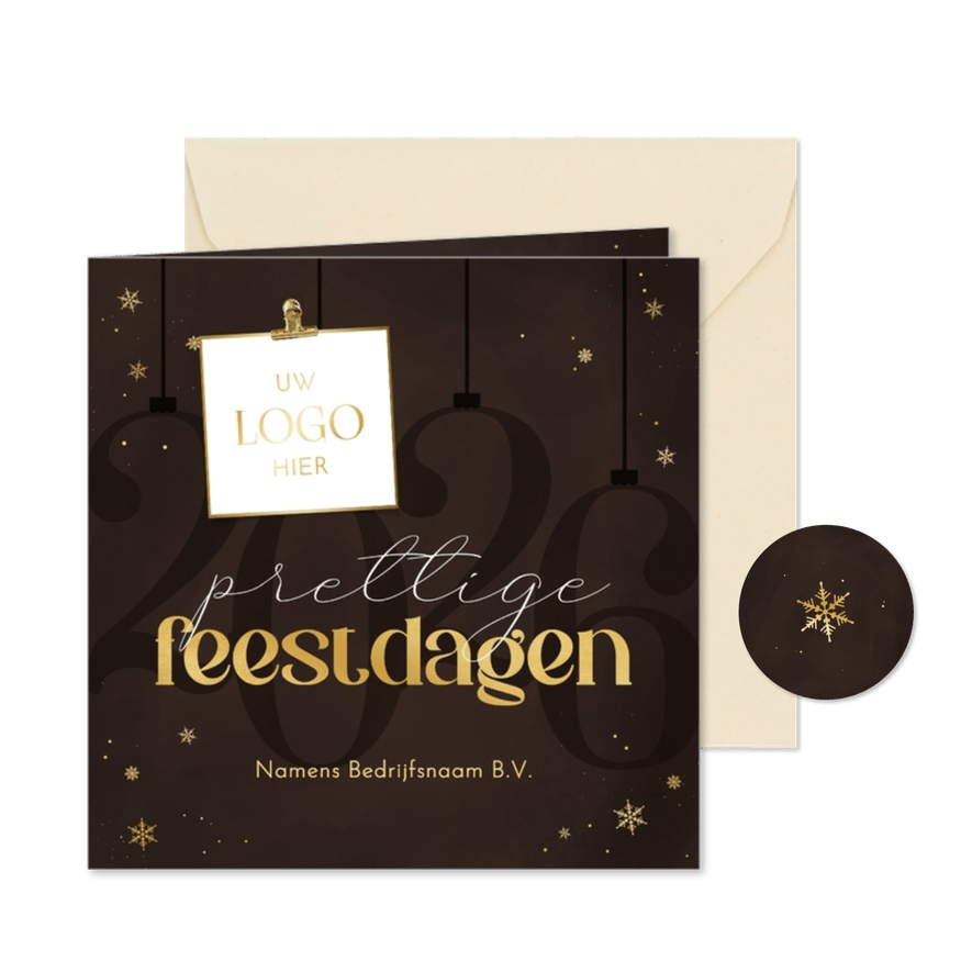 Zakelijke kerstkaart stijlvol gouden sneeuwvlokjes 2026 - Kaartimpressie