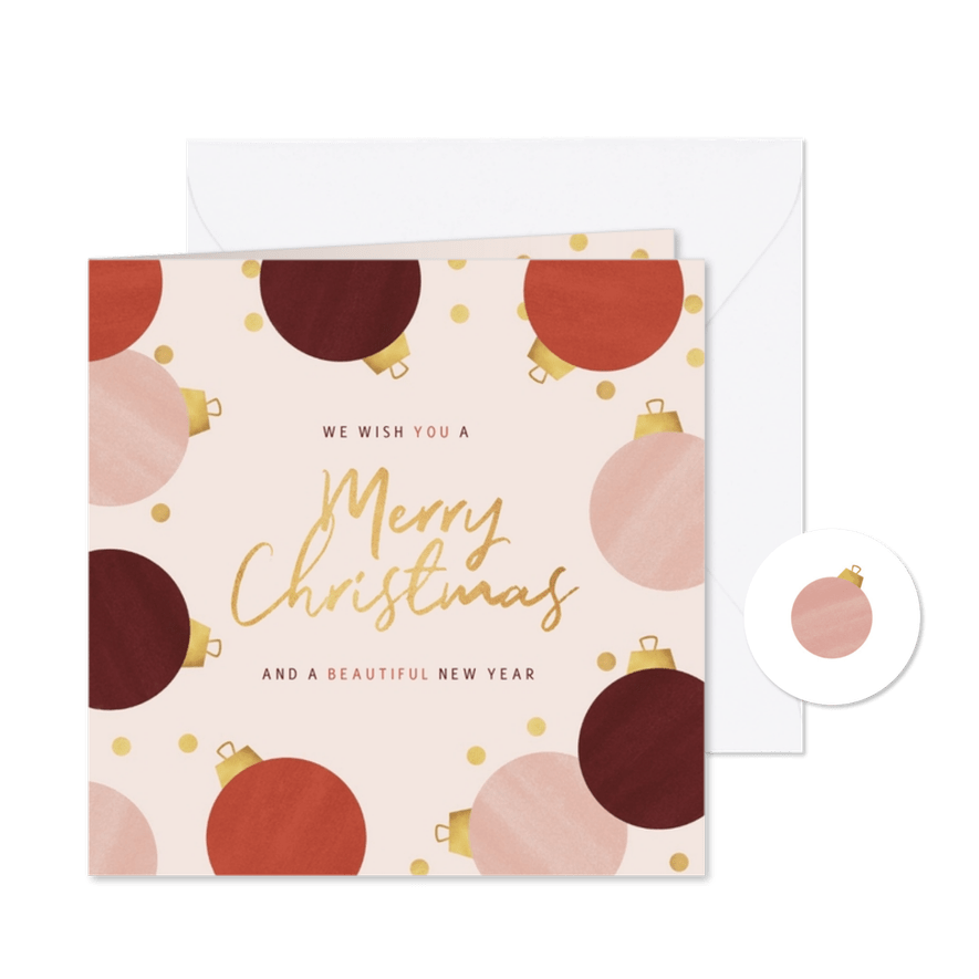 Zakelijke kerstkaart stijlvol modern kerstballen goud - Kaartimpressie