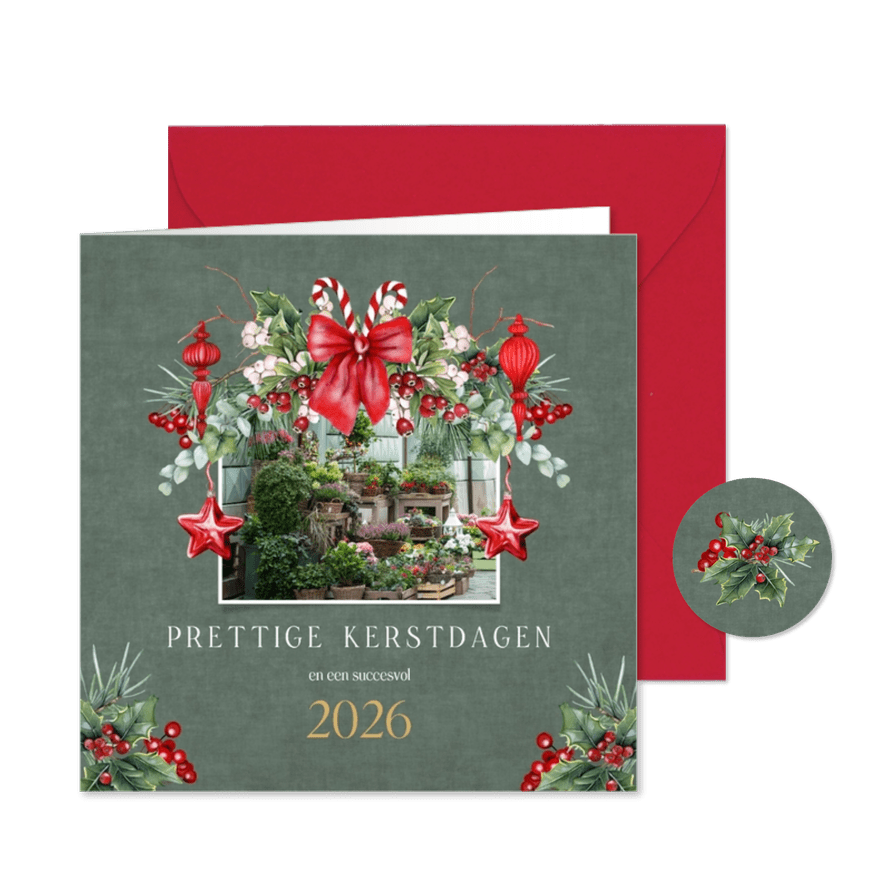 Zakelijke kerstkaart strik met takken en ornamenten - Kaartimpressie