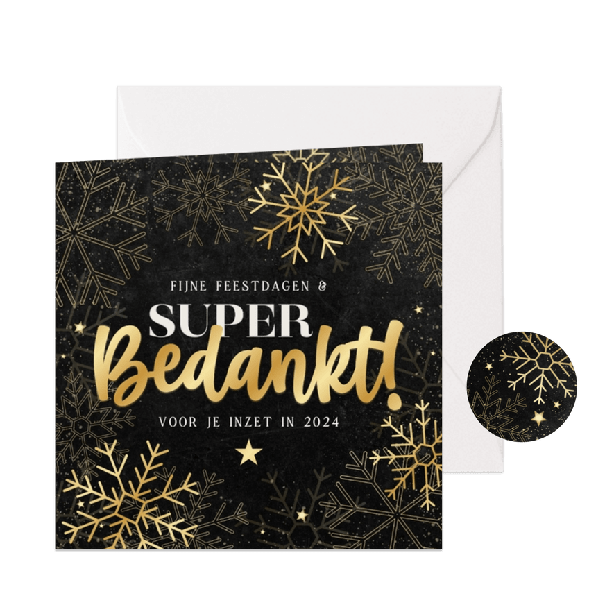 Zakelijke kerstkaart 'Super Bedankt!' gouden sneeuwvlokken - Kaartimpressie