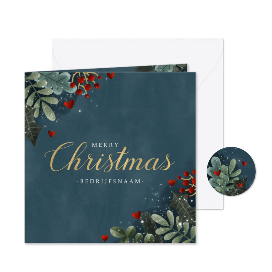 Zakelijke kerstkaart takjes, hartjes, tekst warme feestdagen - Kaartimpressie