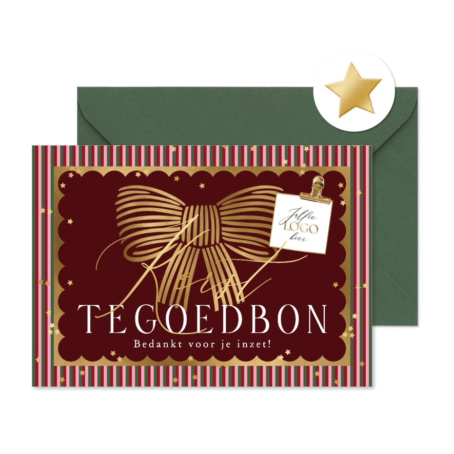Zakelijke kerstkaart tegoedbon strik sterren goud logo - Kaartimpressie