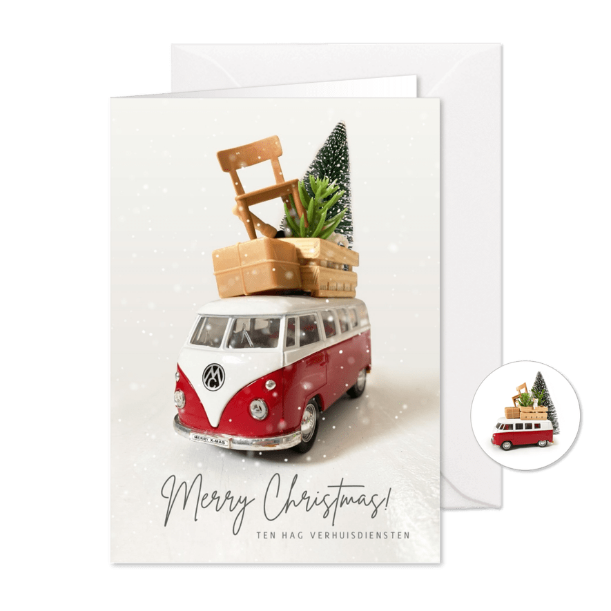 Zakelijke kerstkaart verhuisbedrijf met volkswagenbusje - Kaartimpressie