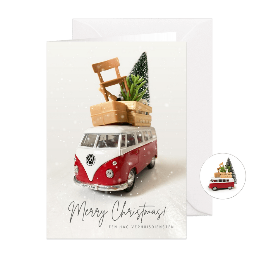 Zakelijke kerstkaart verhuisbedrijf met volkswagenbusje - Kaartimpressie