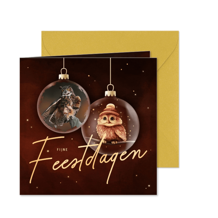 Zakelijke kerstkaart vogel kerstballen met foto en uil - Kaartimpressie