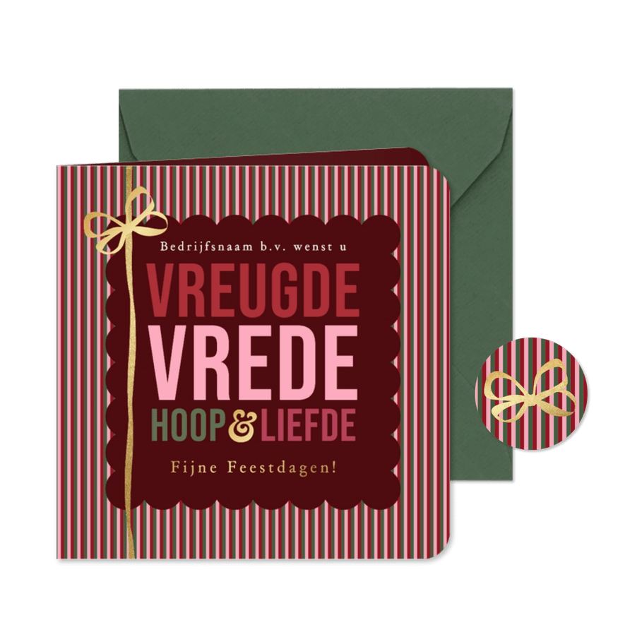 Zakelijke kerstkaart vreugde vrede streep strik goud - Kaartimpressie