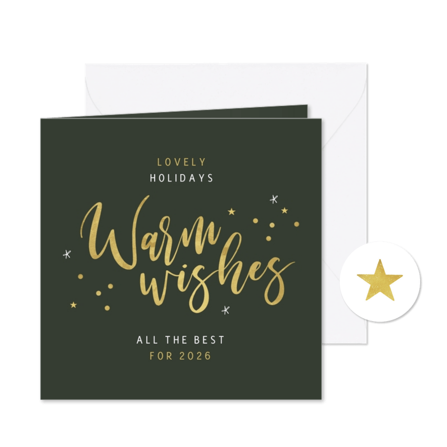 Zakelijke kerstkaart warm wishes goud confetti sterren - Kaartimpressie