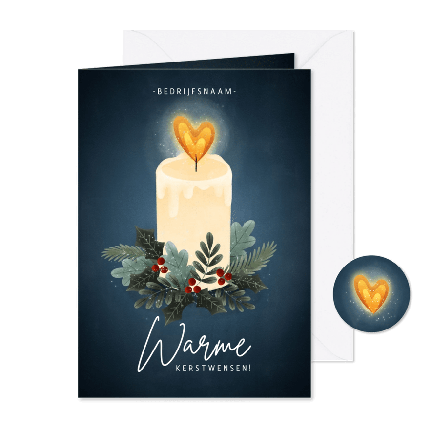 Zakelijke kerstkaart warme kerstwensen met kaarsje en takjes - Kaartimpressie