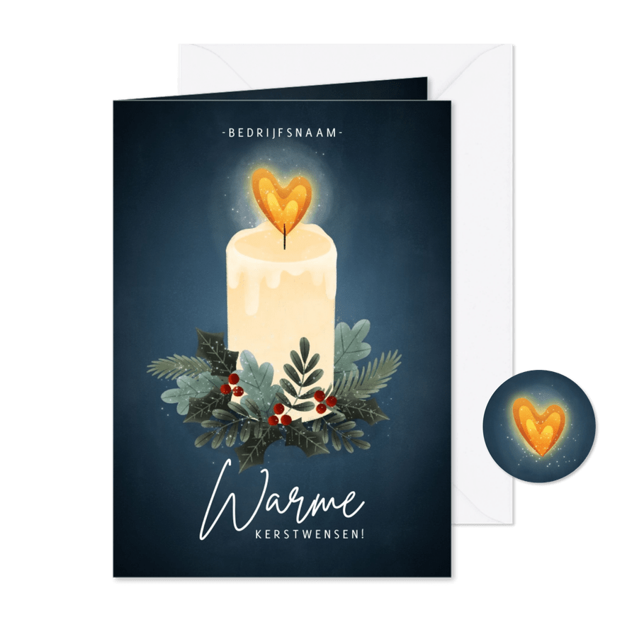 Zakelijke kerstkaart warme kerstwensen met kaarsje en takjes - Kaartimpressie