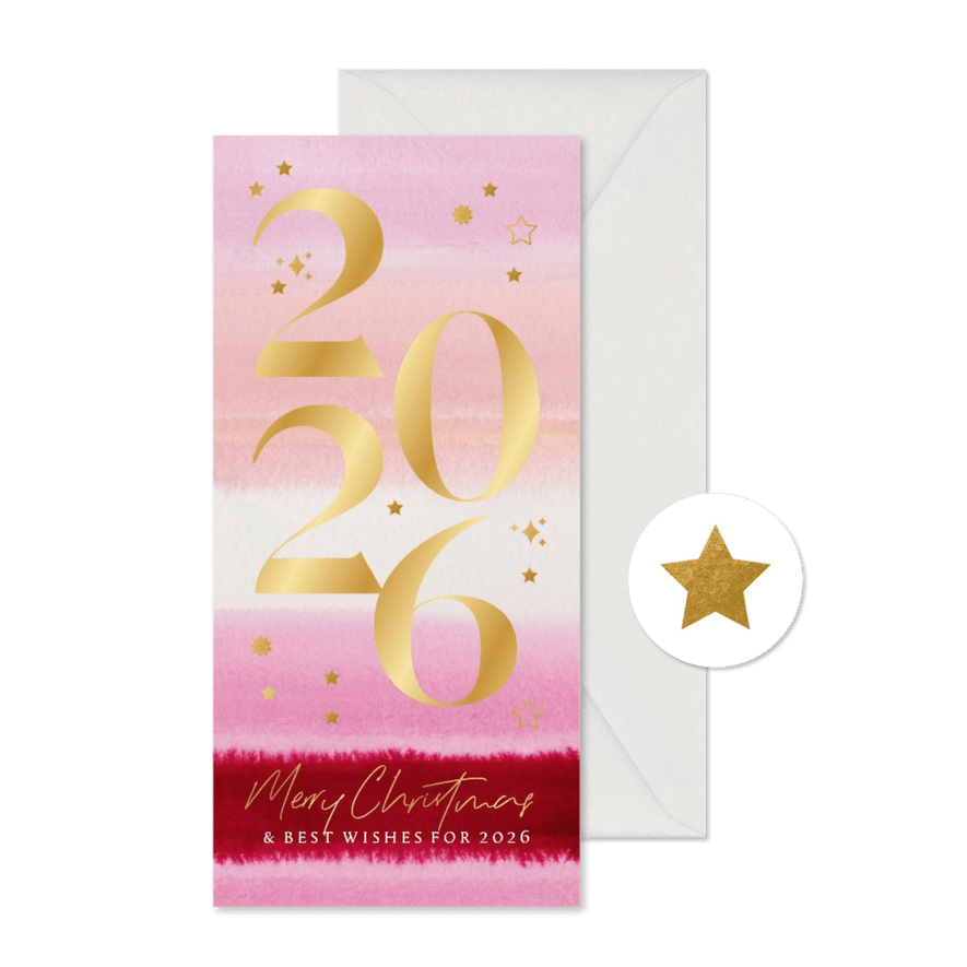 Zakelijke kerstkaart watercolour goudfolie jaartal sterren - Kaartimpressie