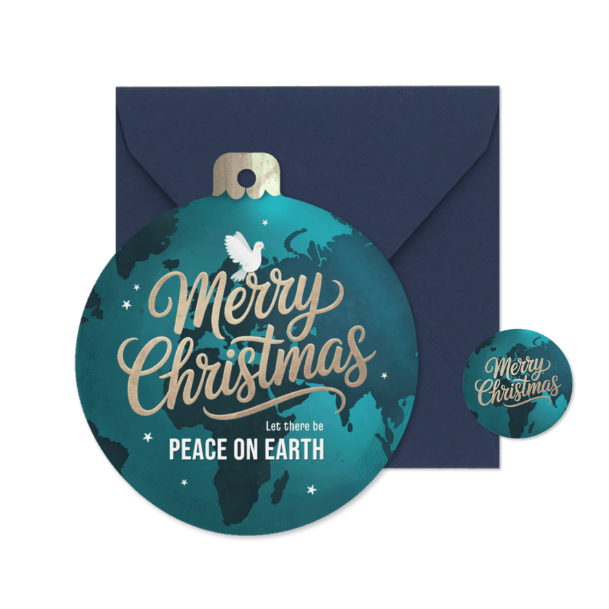 Zakelijke kerstkaart wereld kerstbal vrede duif sterren - Kaartimpressie