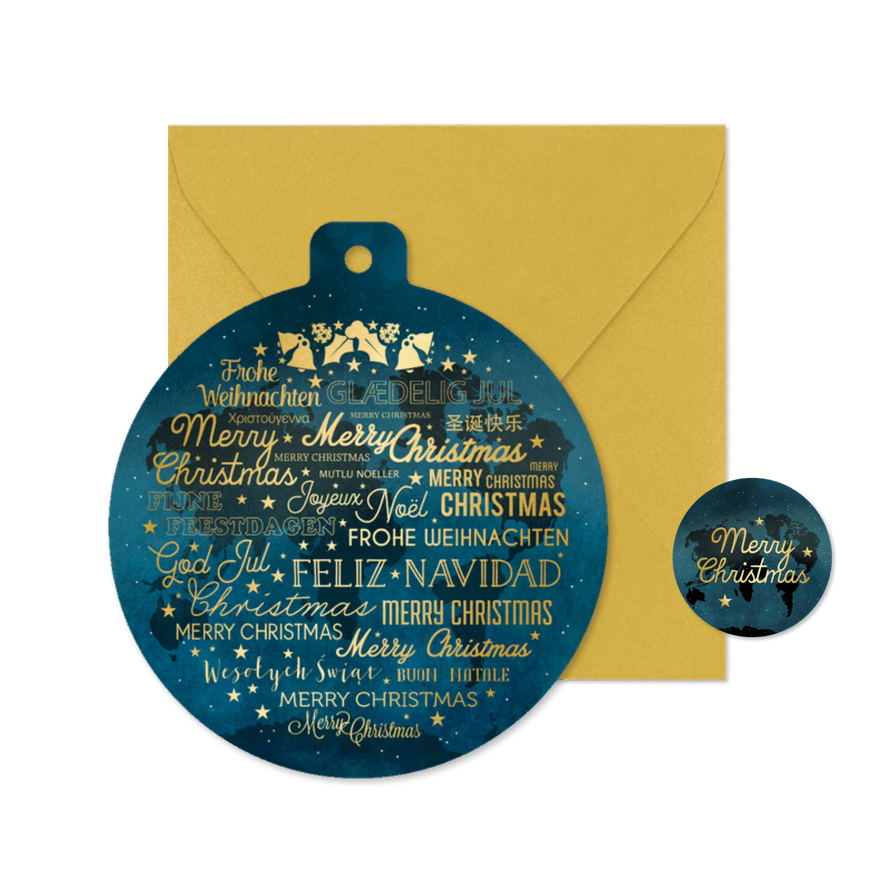 Zakelijke kerstkaart wereldbol kerstwens in diverse talen - Kaartimpressie