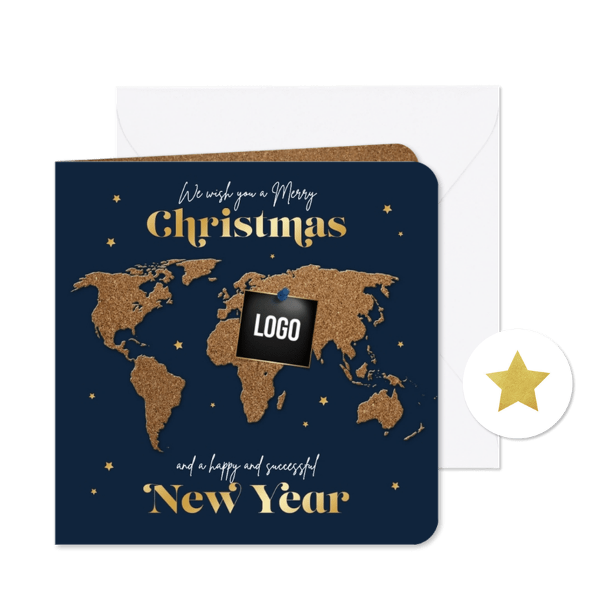Zakelijke kerstkaart wereldkaart kurk sterren logo - Kaartimpressie