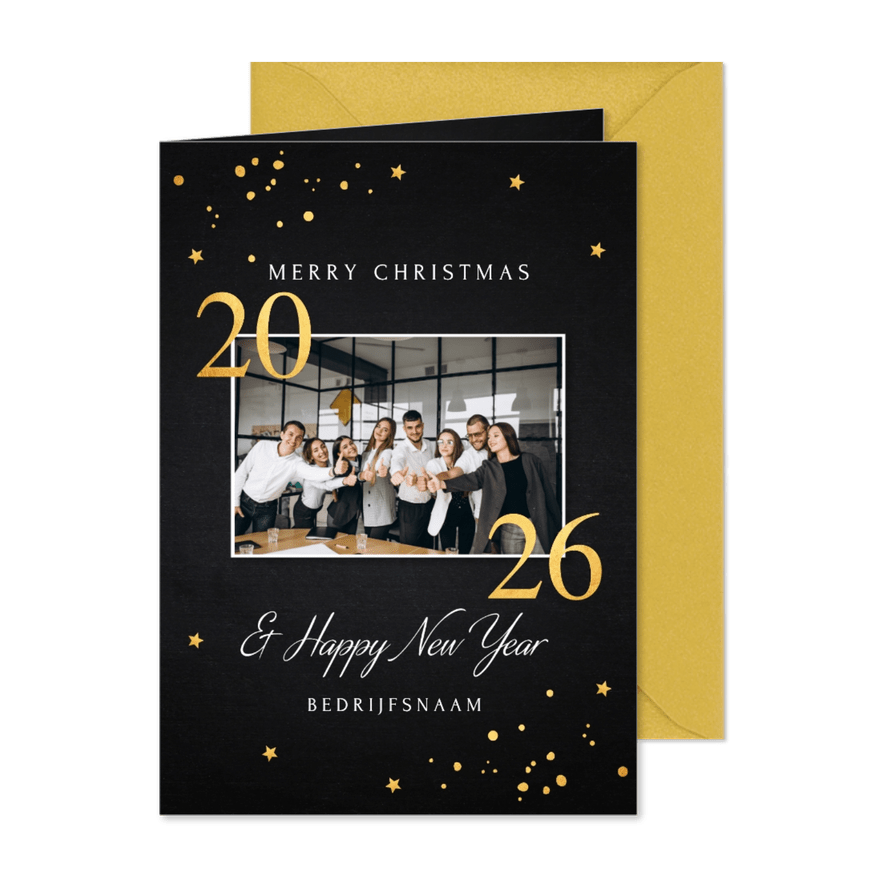 Zakelijke kerstkaart zwart foto goudlook jaartal 2026 - Kaartimpressie