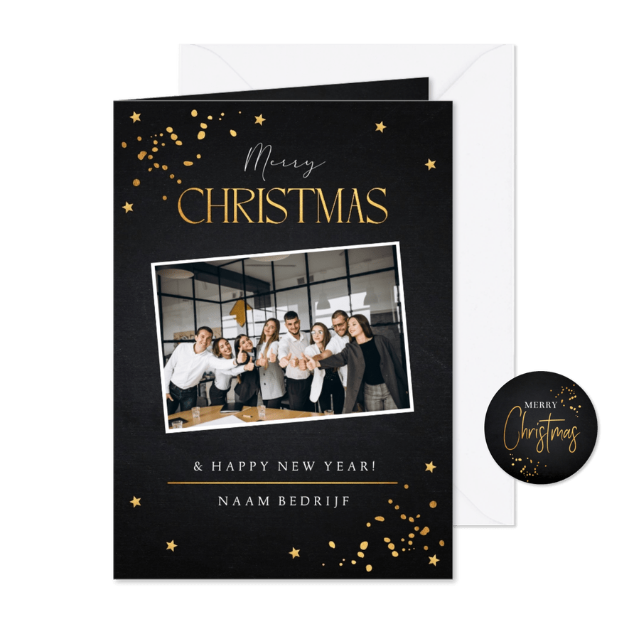 Zakelijke kerstkaart zwart foto goudlook sparkles - Kaartimpressie