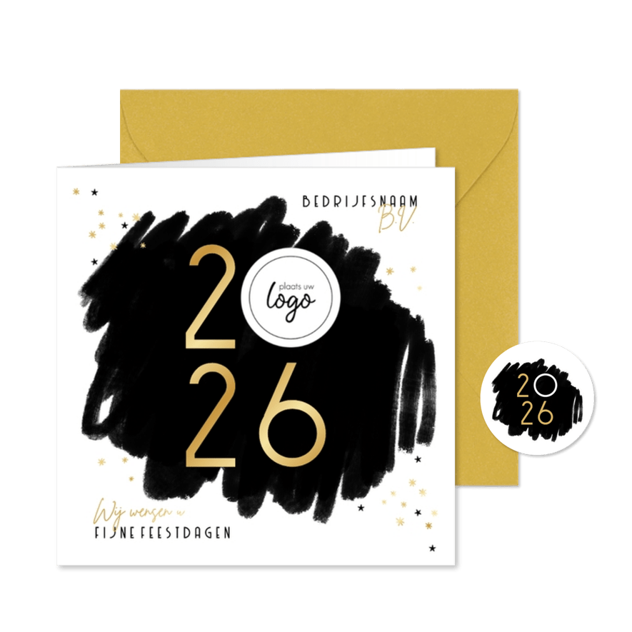 Zakelijke kerstkaart zwart goudfolie sterren jaartal logo - Kaartimpressie