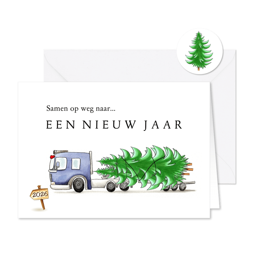 zakelijke kerstkaarten vrachtwagen met kerstboom - Kaartimpressie