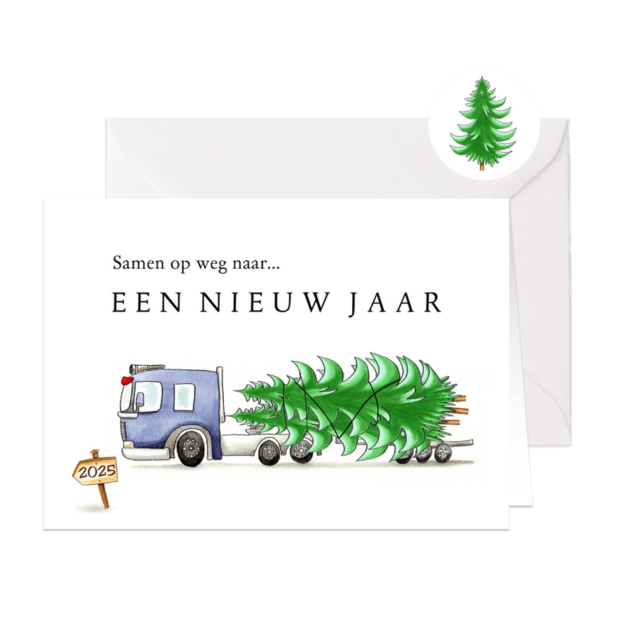 zakelijke kerstkaarten vrachtwagen met kerstboom - Kaartimpressie