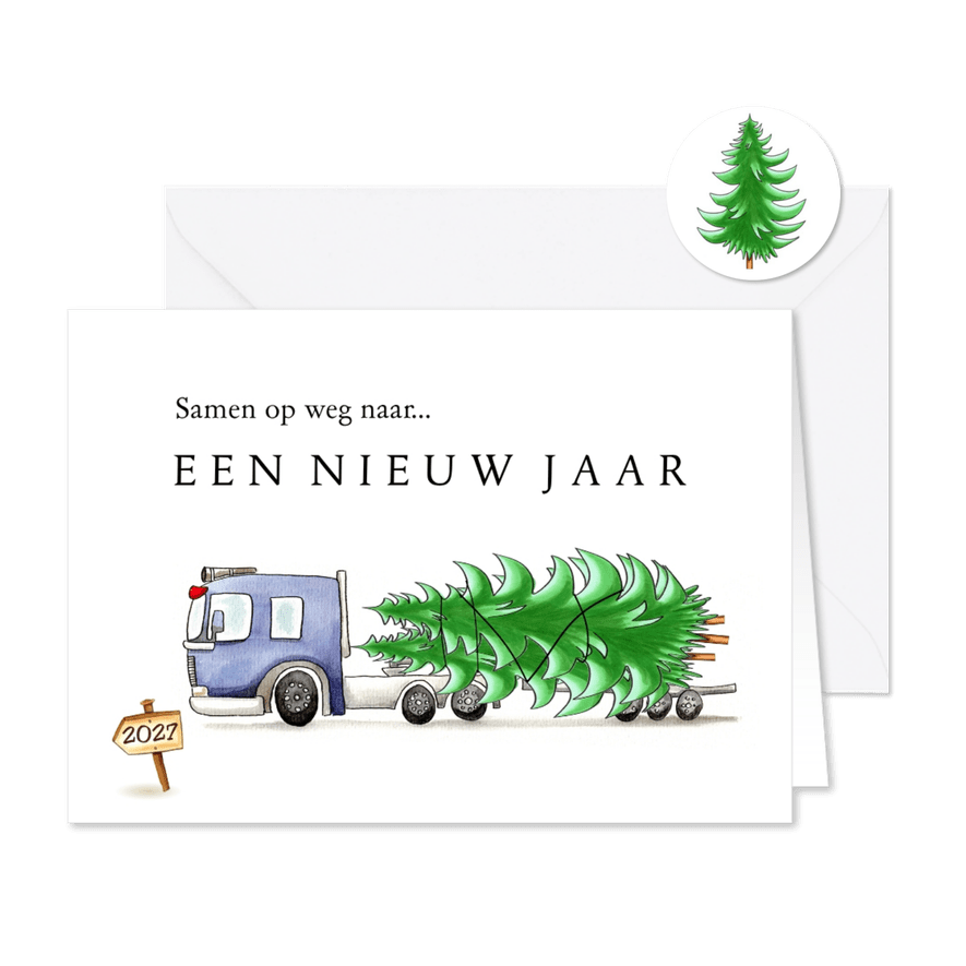 Zakelijke kerstkaarten vrachtwagen met kerstboom - Kaartimpressie