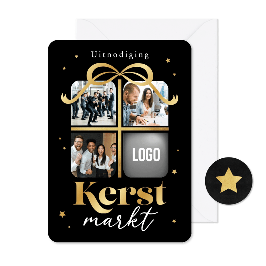 Zakelijke kerstmarkt uitnodiging cadeau foto's logo sterren - Kaartimpressie