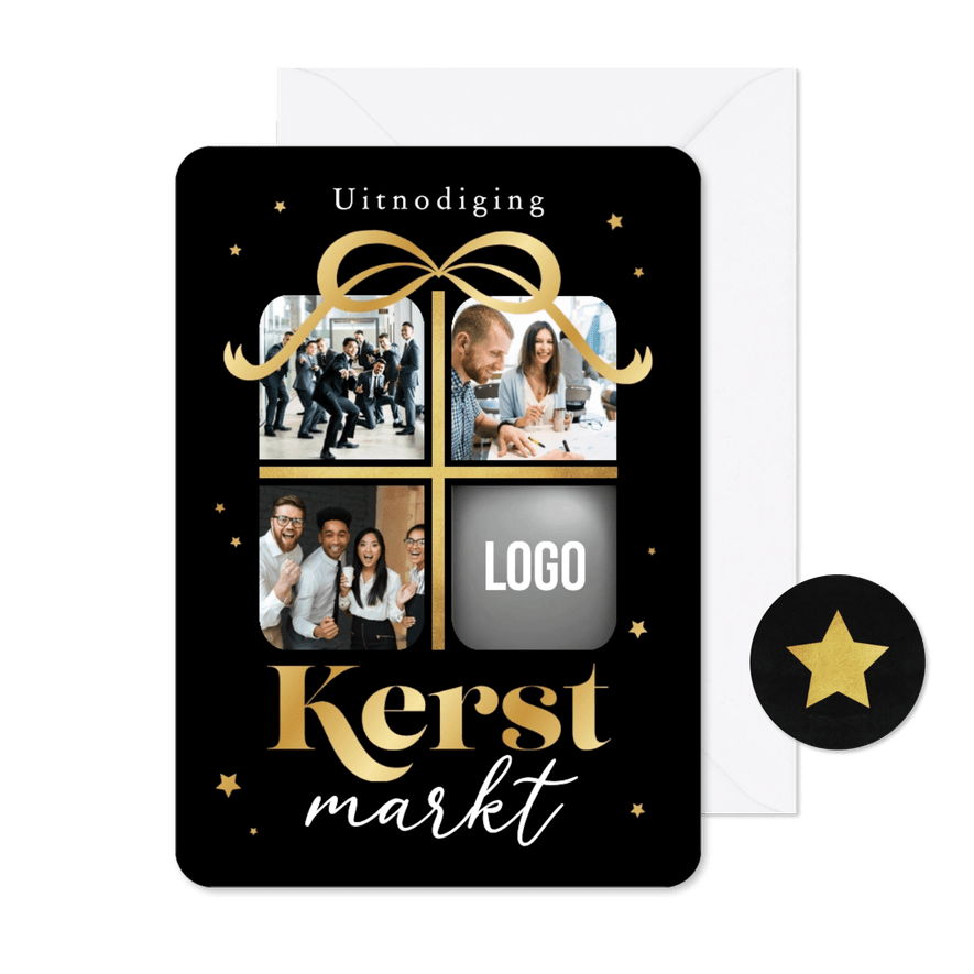 Zakelijke kerstmarkt uitnodiging cadeau foto's logo sterren - Kaartimpressie