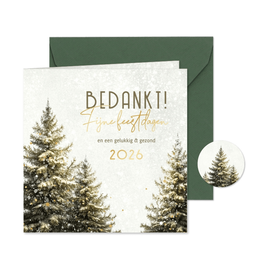 Zakelijke natuurlijke kerstkaart dennenbomen sneeuw goud - Kaartimpressie