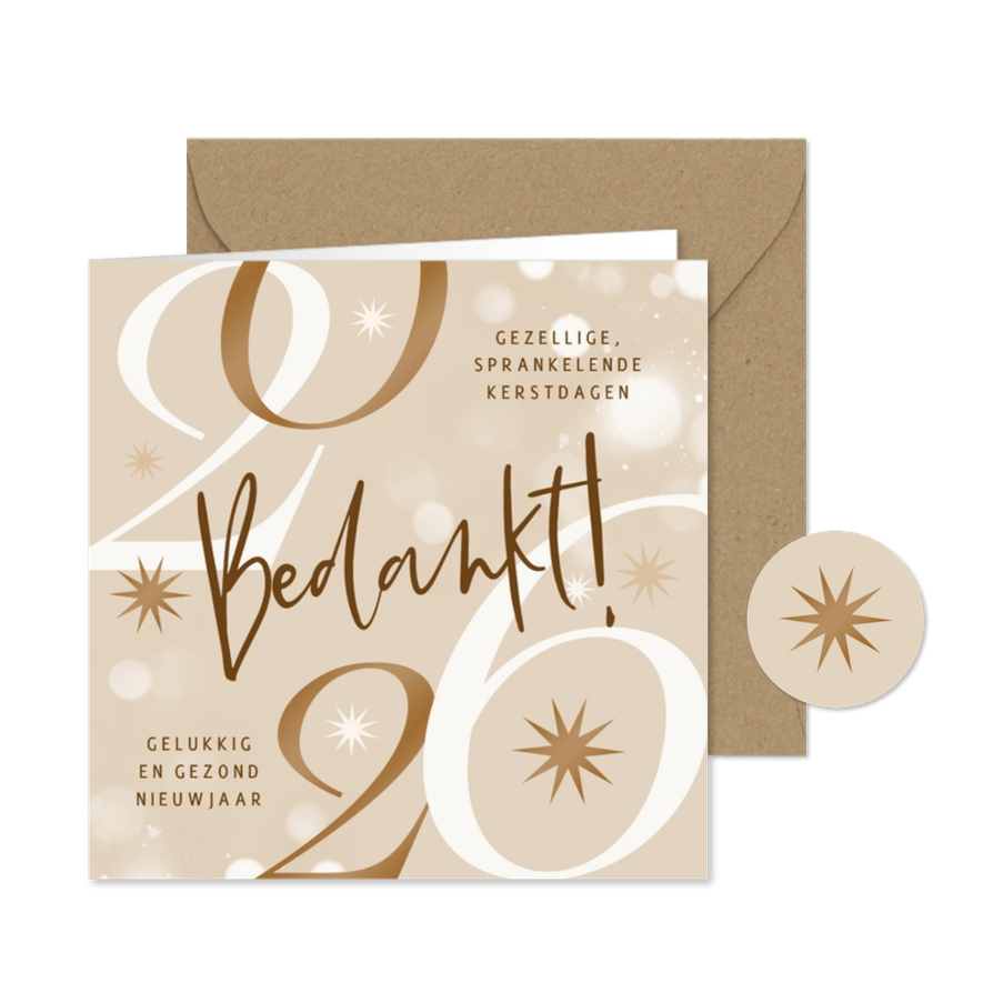 Zakelijke nieuwjaarskaart 2026 bedankt sterren beige - Kaartimpressie