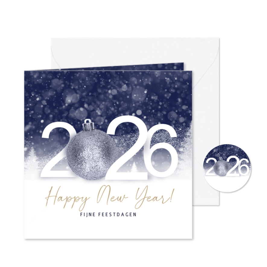 Zakelijke nieuwjaarskaart 2026 blauwe kerstbal - Kaartimpressie