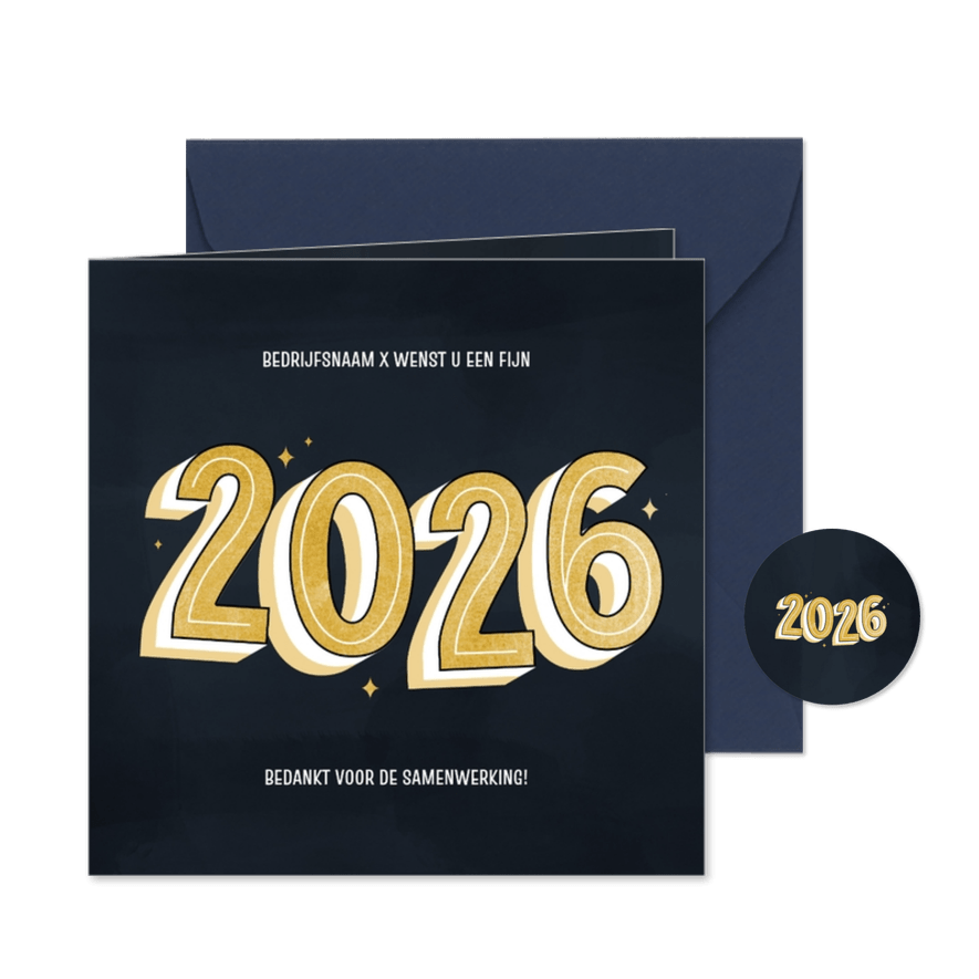 Zakelijke nieuwjaarskaart 2026 donkerblauw goud - Kaartimpressie