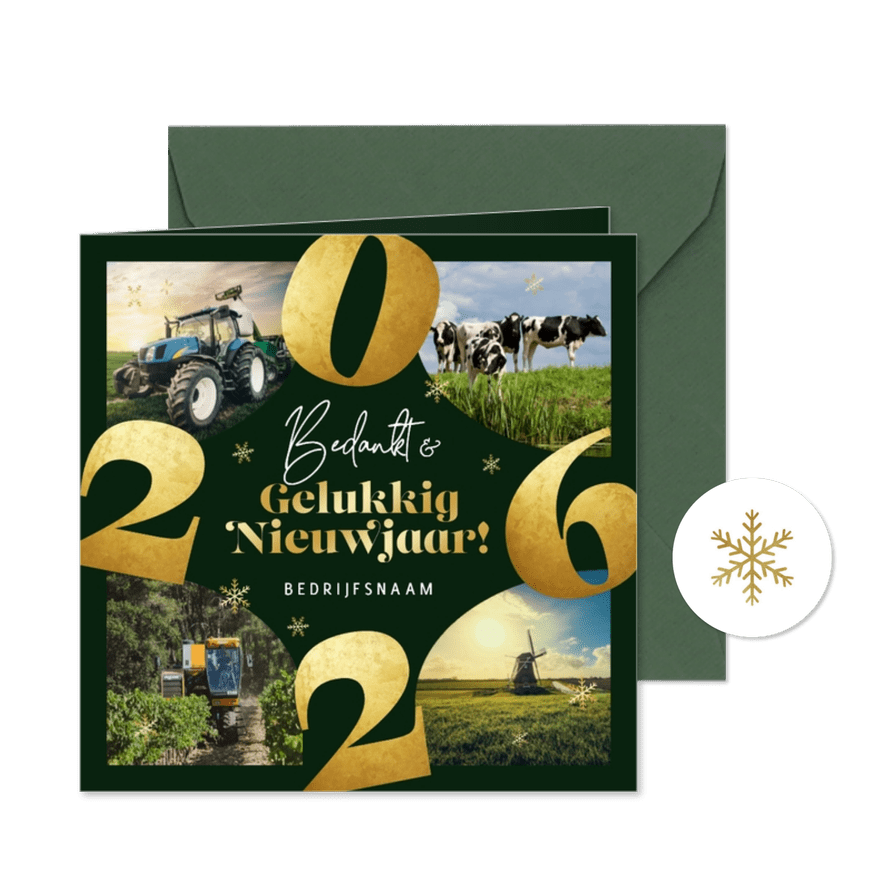 Zakelijke nieuwjaarskaart 2026 fotocollage goud sneeuw groen - Kaartimpressie