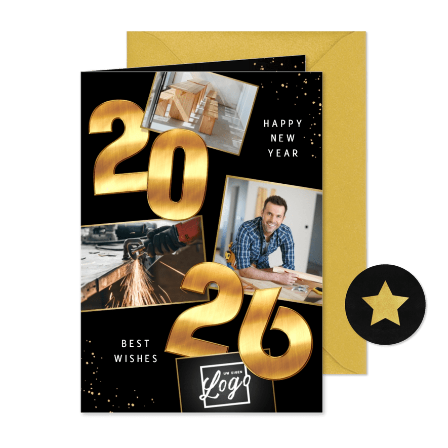 Zakelijke Nieuwjaarskaart 2026 goud cijfers spetters foto - Kaartimpressie