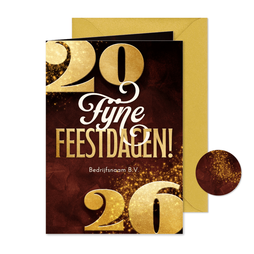 Zakelijke nieuwjaarskaart 2026 goudlook met sterren rood - Kaartimpressie