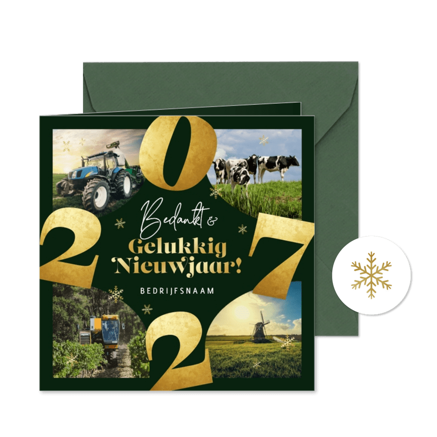 Zakelijke nieuwjaarskaart 2027 fotocollage goud sneeuw groen - Kaartimpressie