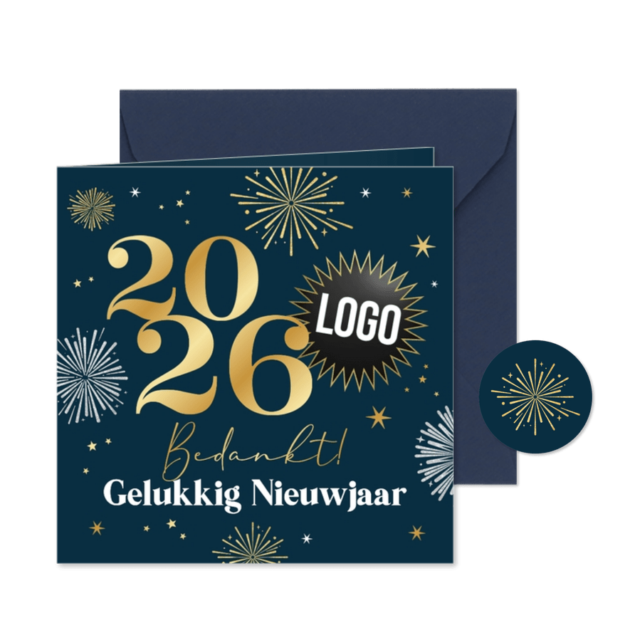 Zakelijke nieuwjaarskaart bedankt vuurwerk sterren logo - Kaartimpressie