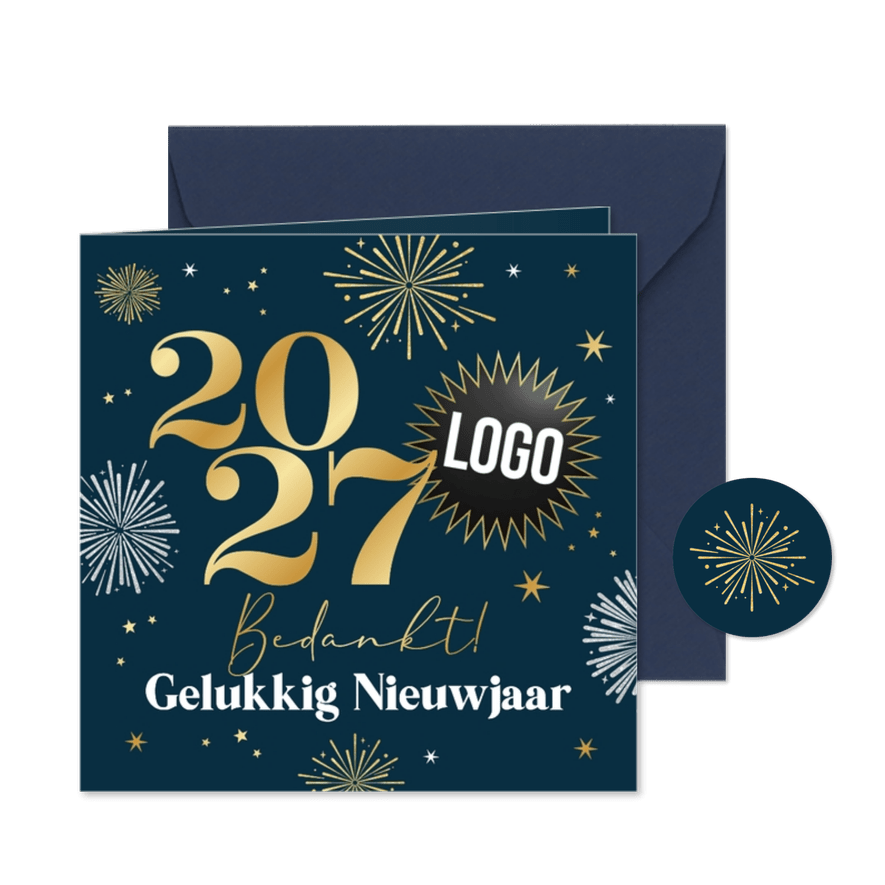 Zakelijke nieuwjaarskaart bedankt vuurwerk sterren logo - Kaartimpressie