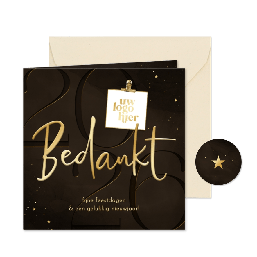 Zakelijke nieuwjaarskaart bruin met 2026 bedankt logo - Kaartimpressie