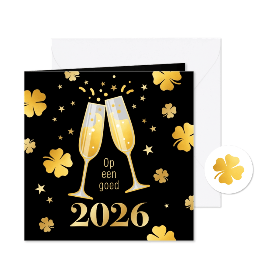 Zakelijke nieuwjaarskaart champagneglazen & klavertjes goud - Kaartimpressie